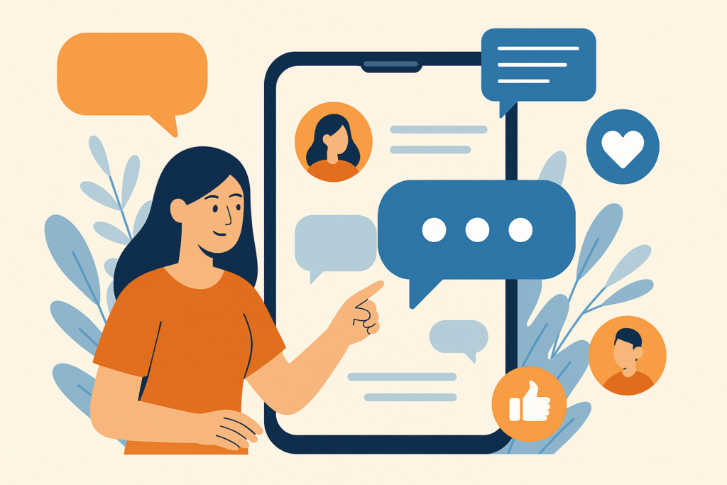 Flat-style illustration of a woman using a smartphone surrounded by speech bubbles, icons, and digital chat symbols, representing social media activity.