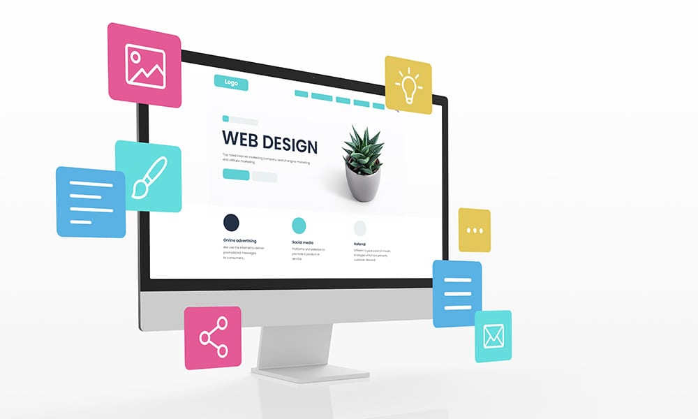Computer screen displaying a web design layout with floating icons representing tools and features of website design services.